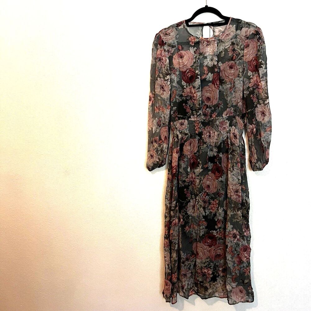 Zara Women's Dress Size S Smocked Waist Chiffon Floral Gray Pink Sheer w/slip